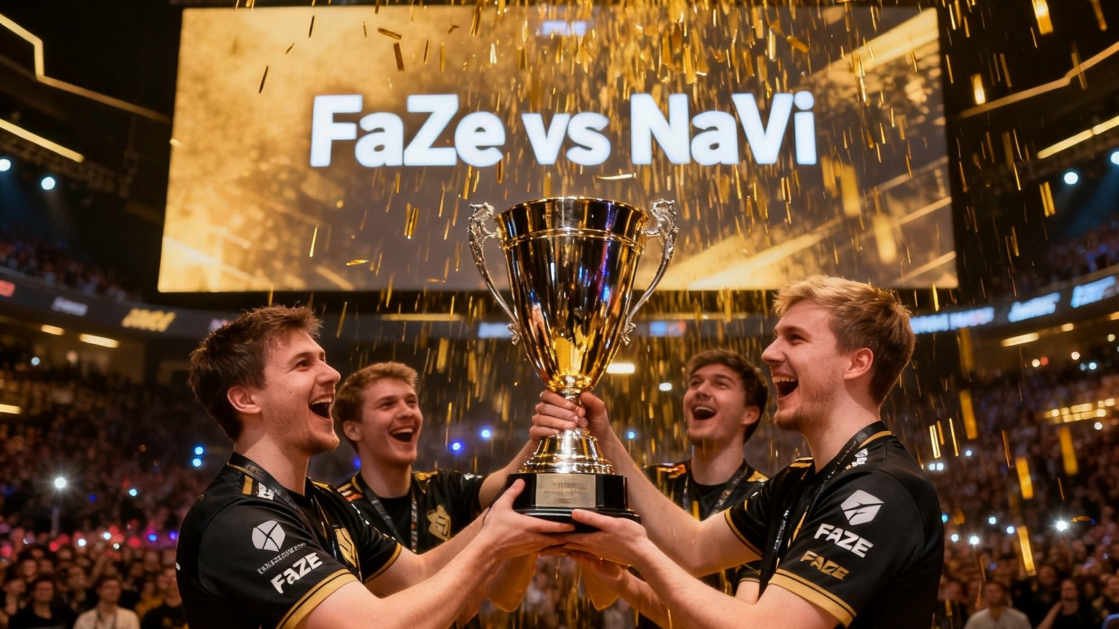CS:GO IEM卡托维兹总决赛FaZe战队击败NaVi，队员捧起冠军奖杯，金色雨落下。